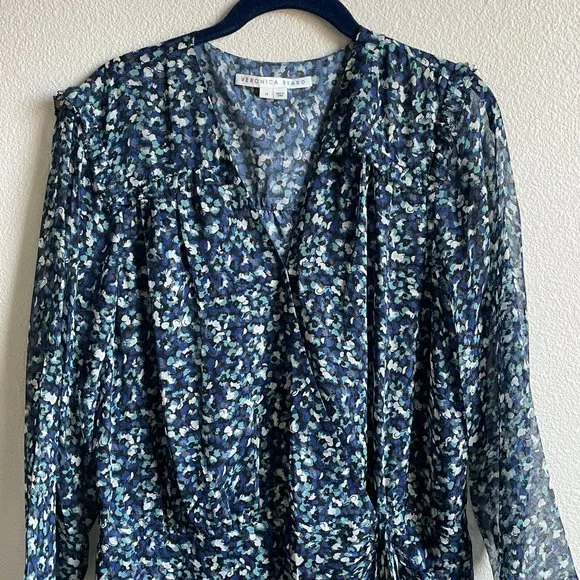 Veronica Beard Dress Anjali Ruched Blue Floral Print Silk Mini Length Womens 14 - Picture 2 of 14